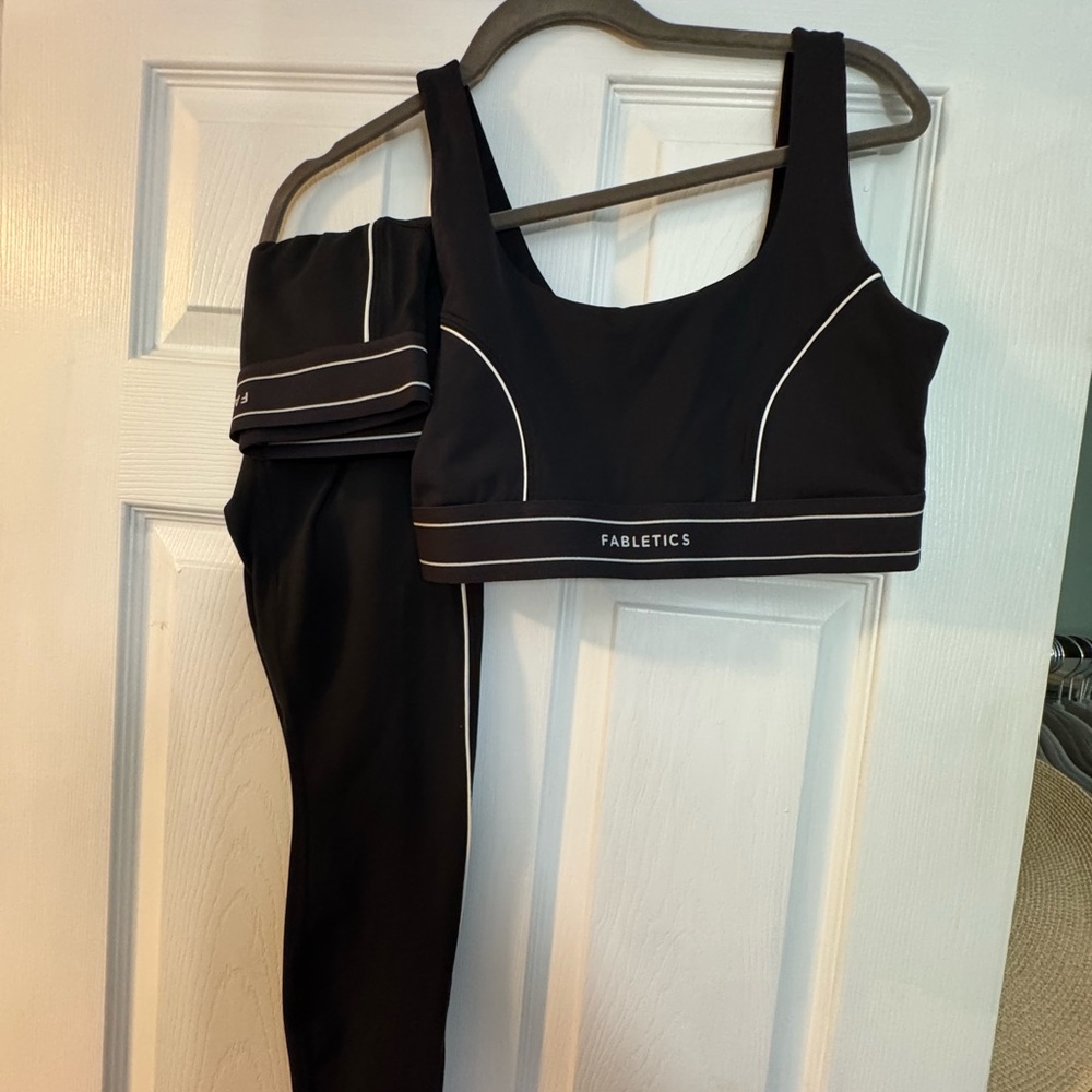 Fabletics Black Sports Bra and leggings set with White Accents
